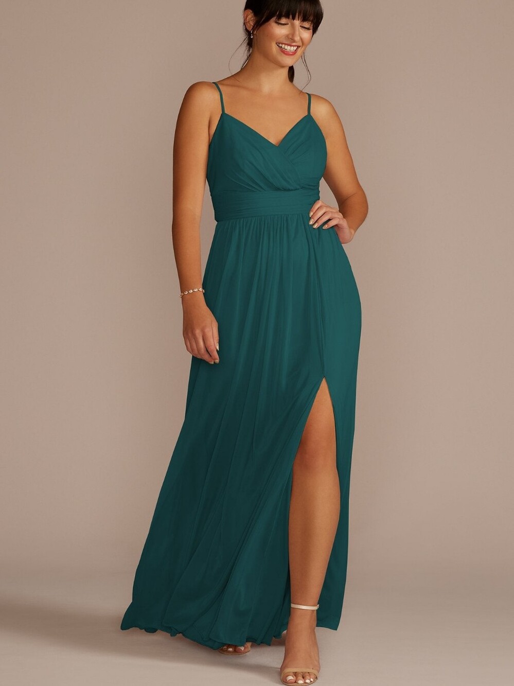 Spaghetti Strap Ruched Waist Mesh Bridesmaid Dress | David's Bridal